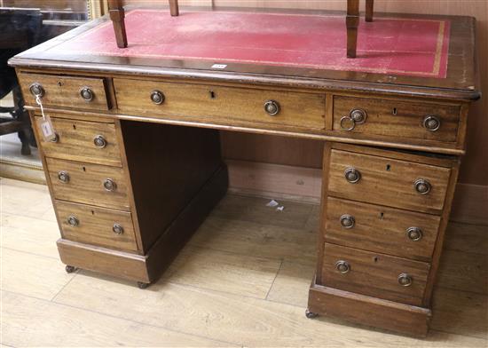 A late Victorian mahogany pedestal desk, inset red leather skiver, W.120cm H.72cm